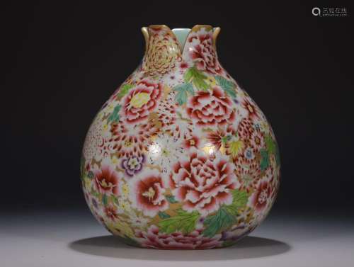 Pomegranate vase with pastel painted gold and hundreds of fl...