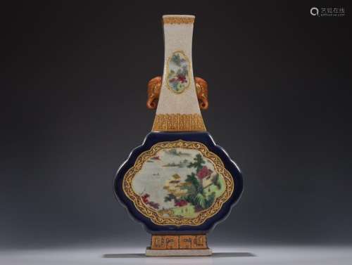 Elephant Ear Vase with Blue and Gold Window and Landscape an...