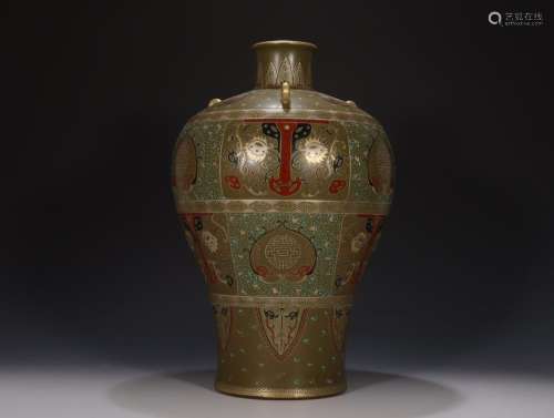 Tea Powder Glazed Bronze Plum Vase with Painted Gold Human F...
