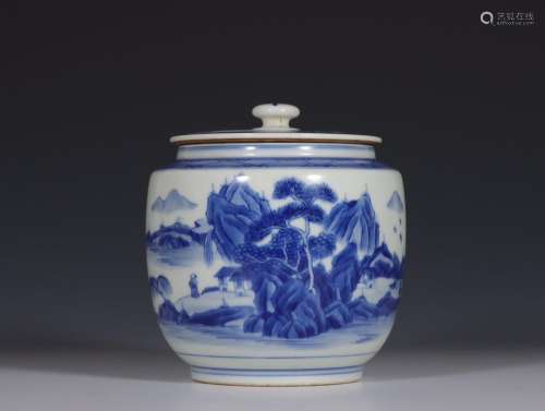 Blue and white Tongjing landscape and pavilion pattern lid j...