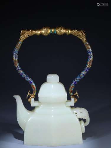 Hetian Jade and Silver Gilt Double Dragon Playing Bead Lifti...