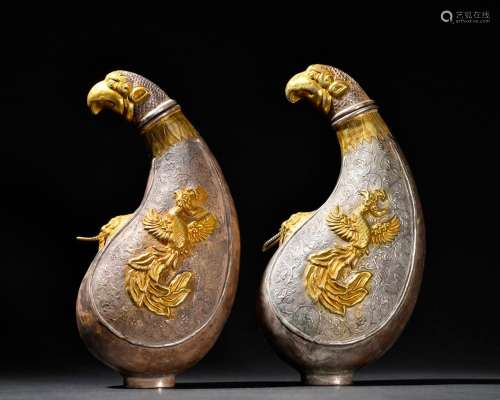Pair of sterling silver gilt phoenix pots