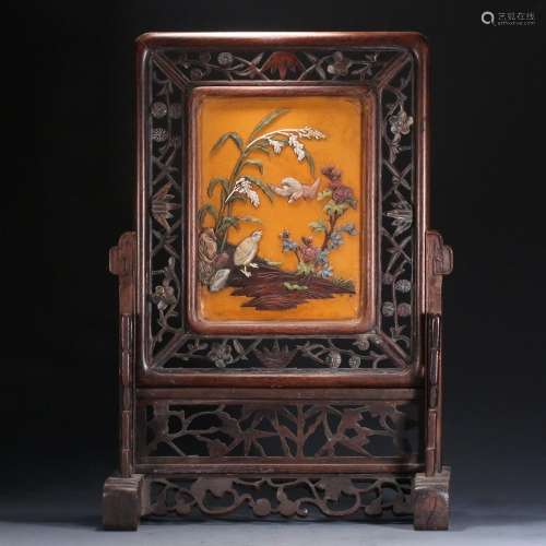 Carved hardwood with yellow lacquer and inlaid a hundred tre...
