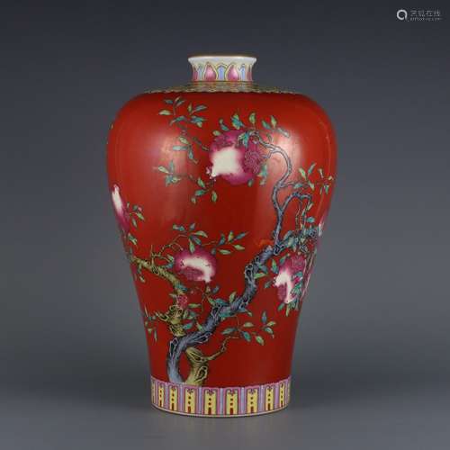 Red-glazed famille rose vase with many sons and many blessin...