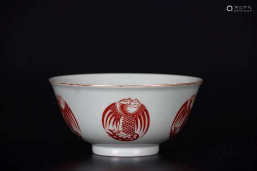 Bean green glaze alum red group phoenix pattern bowl