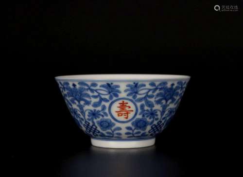 Blue and White Alum Red Longevity Wujiang Cup