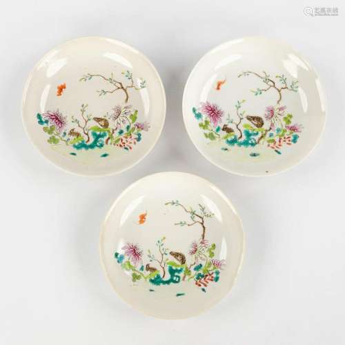 Three Chinese Famille Rose plates, fauna and flora decor, Qi...