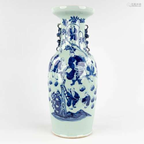 A Chinese celadon vase, blue-white, decorated with wise men....