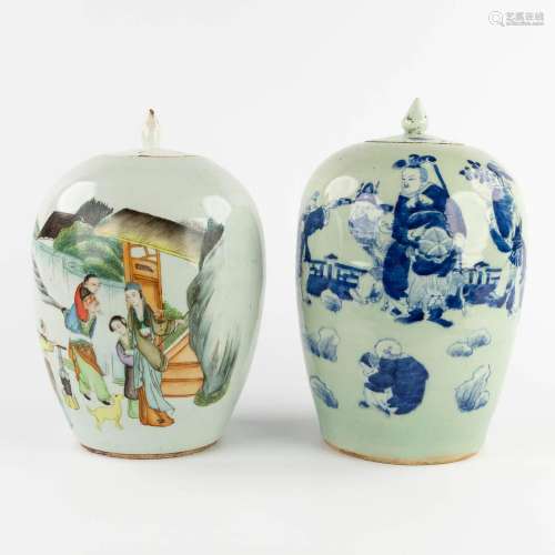 Two Chinese ginger jars, celadon and polychrome decor. 19th/...