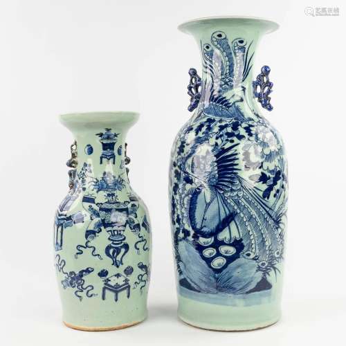 Two Chinese vases, celadon with a blue-white decor. 19th/20t...