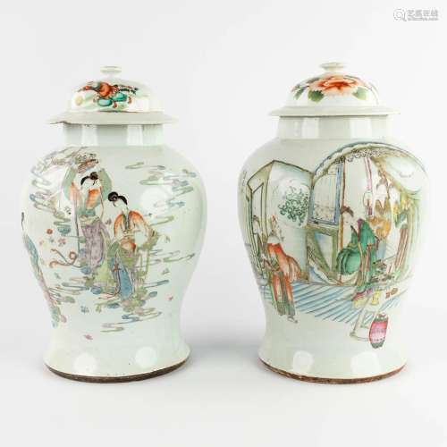 Two Chinese balustervases, polychrome decor of ladies. 19th/...