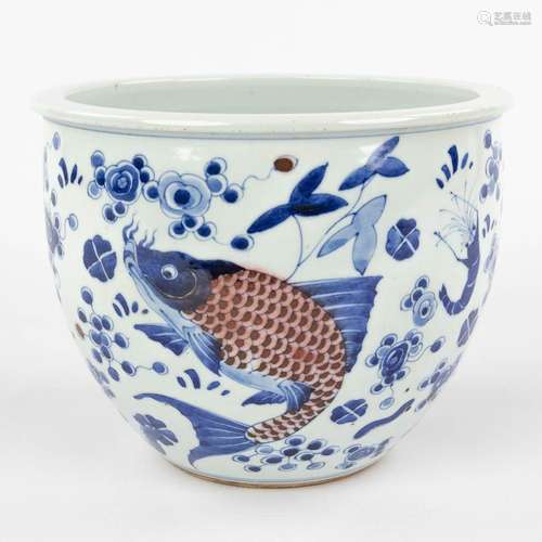 A large Chinese porcelain fish bowl, blue-white decor, 18th/...