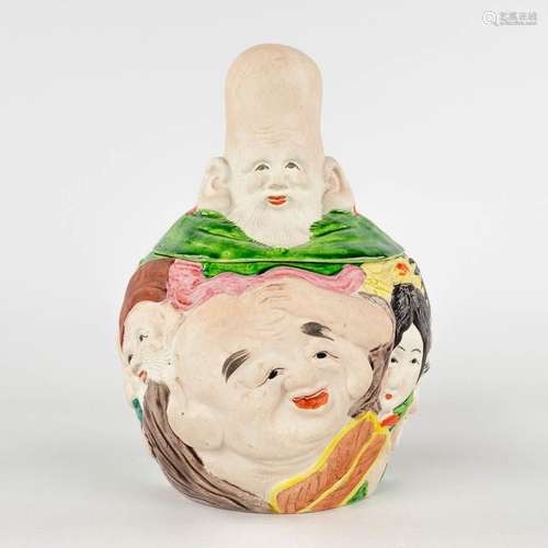 A Japanese 'Banko Ware' jar with lid, '7 Lucky Gods' porcela...