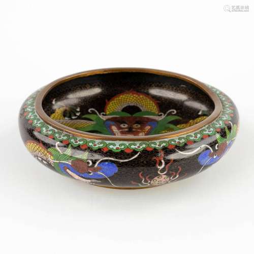 A Chinese bowl, bronze decorated with a cloisonné dragon dec...