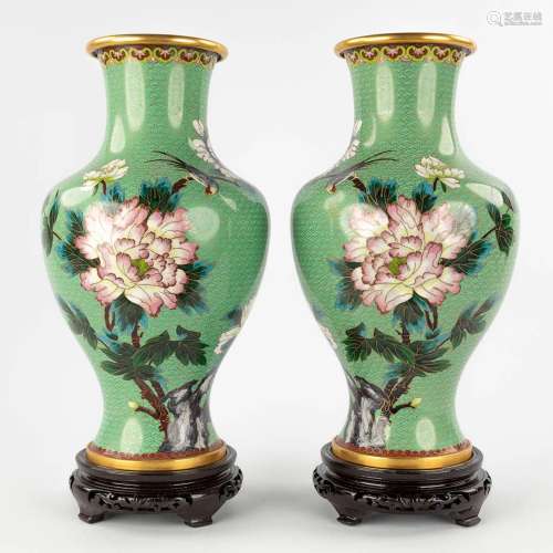 A pair of bronze vases with cloisonné enamel decor of fauna ...