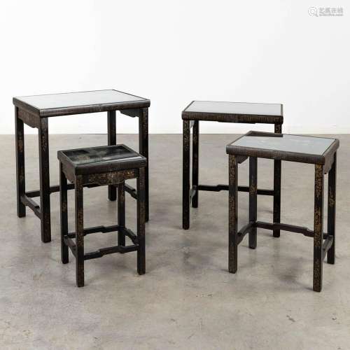 Four Chinese Nesting tables, wood inlaid with hardstone, dec...