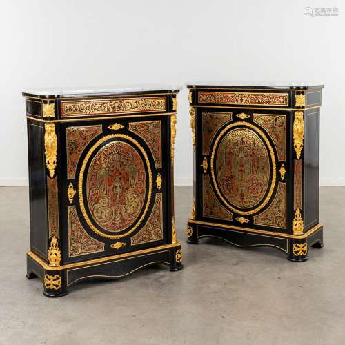 A pair of 'Boulle' cabinets, tortoiseshell inlay with brass....