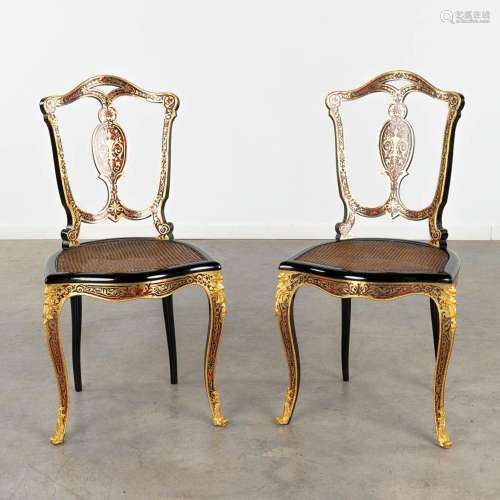 A pair of chairs, Boulle, tortoise shell and copper inlay, N...