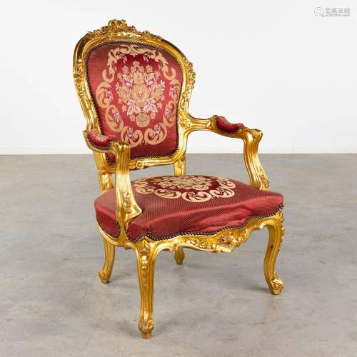 An armchair, gilt wood in Louis XV style. 20th C. (D:78 x W:...