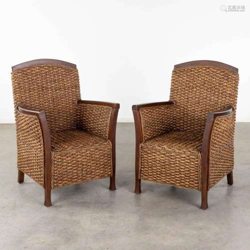 A pair of armchairs with thick caning, 20th C. (D:57 x W:64 ...