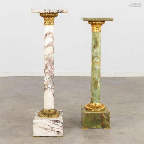 Two pedestals, marble and onyx mounted with bronze. 20th C. ...