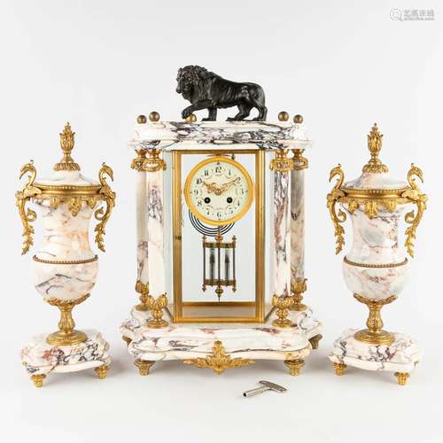 A three-piece mantle garniture portico clock and cassolettes...