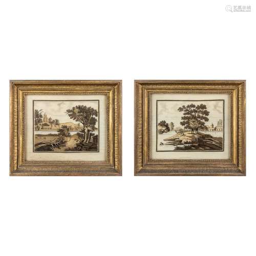 A pair of decorative frames with fine needlepoint embroideri...