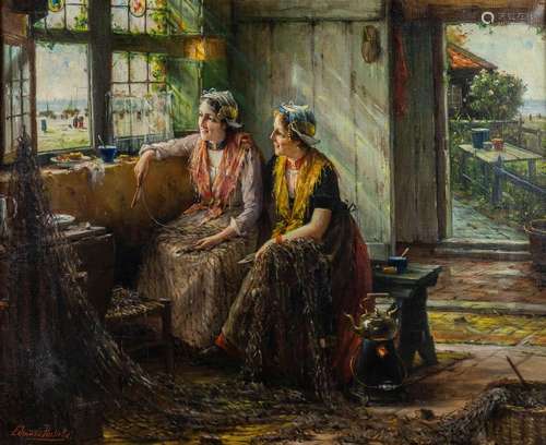 Edward Antoon PORTIELJE (1861-1949) 'Girls by the Window' oi...