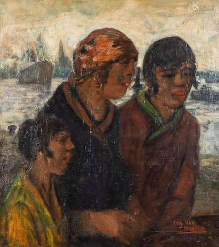 Eugeen VAN MIEGHEM (1875-1930) 'Ladies on the dock' oil on c...