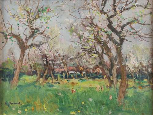 Charles JACQUET (1841-1921) 'The Orchard' oil on paper. (W:2...