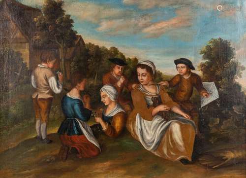 An antique painting, 'Ladies in the garden with children' oi...