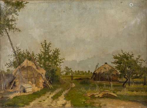 An antique painting 'Haystacks' oil on canvas. 1895. (W:45 x...