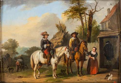 An antique painting, 'Travelling by Horse' oil on panel. 19t...