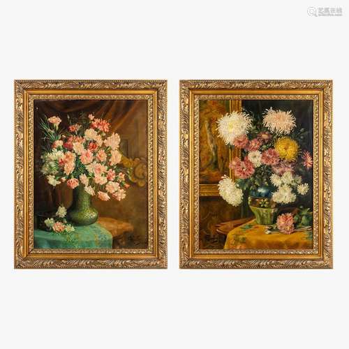 A pair of pendant paintings 'Flower Still Life', oil on canv...