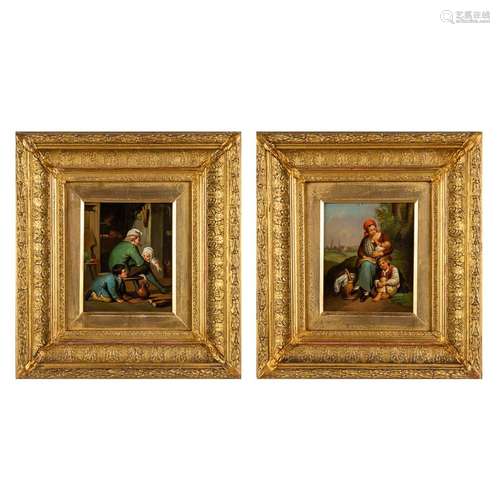 A pair of pendant paintings, decor of figurines. Oil on canv...