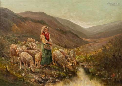 Lady with sheep, a painting, oil on canvas. Signed G. Marcha...