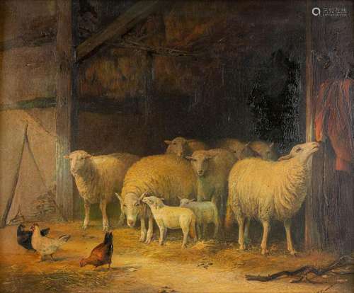 Interior of a barn with sheep, oil on panel. 19th C. Signed ...