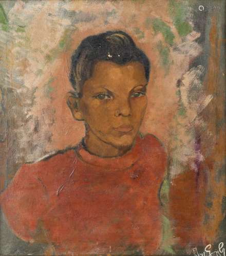Portrait of a youngman with red pull-over. Oil on canvas. (W...