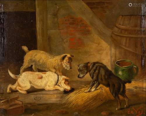 Vincent DE VOS (1829-1875) 'Playing Dogs' oil on panel. (W:3...