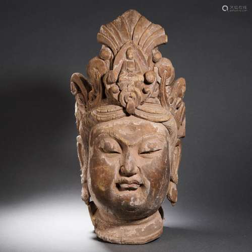 A Carved Wooden Bodhisattva Head