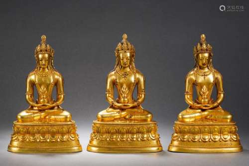 A Group of Three Bronze-gilt Amitayus Group