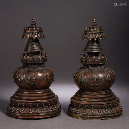 Two Hardstones Inlaid Bronze Stupas
