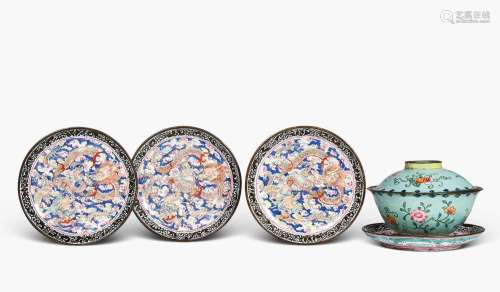 清 铜胎画珐琅山水纹、云龙纹、花卉纹盖碗连托、盘四只