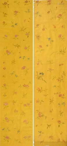 清中期 黄地彩绘折枝花卉纹绢一对