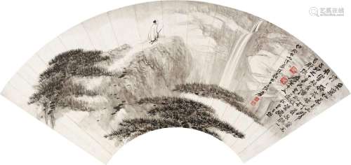 张大千 己卯（1939年）作 松崖观瀑 扇面