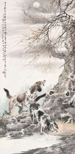 蔡鹤汀 辛巳（1941年）作 秋月犬吠 立轴