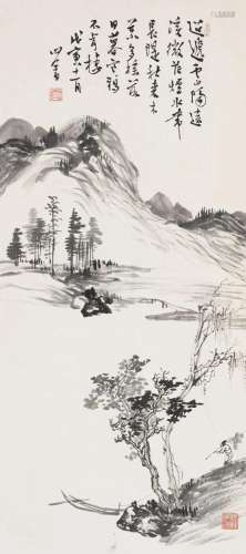 溥儒 戊寅（1938年）作 云山远溪 立轴