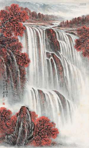 岑学恭 丙寅（1986年）作 秋山飞瀑 镜心