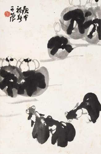 崔子范 庚申（1980年）作 莲池鱼藻 镜心