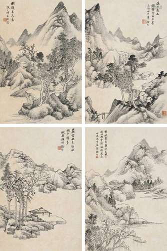 徐行 己卯（1939年）作 摹古山水四帧 四条屏